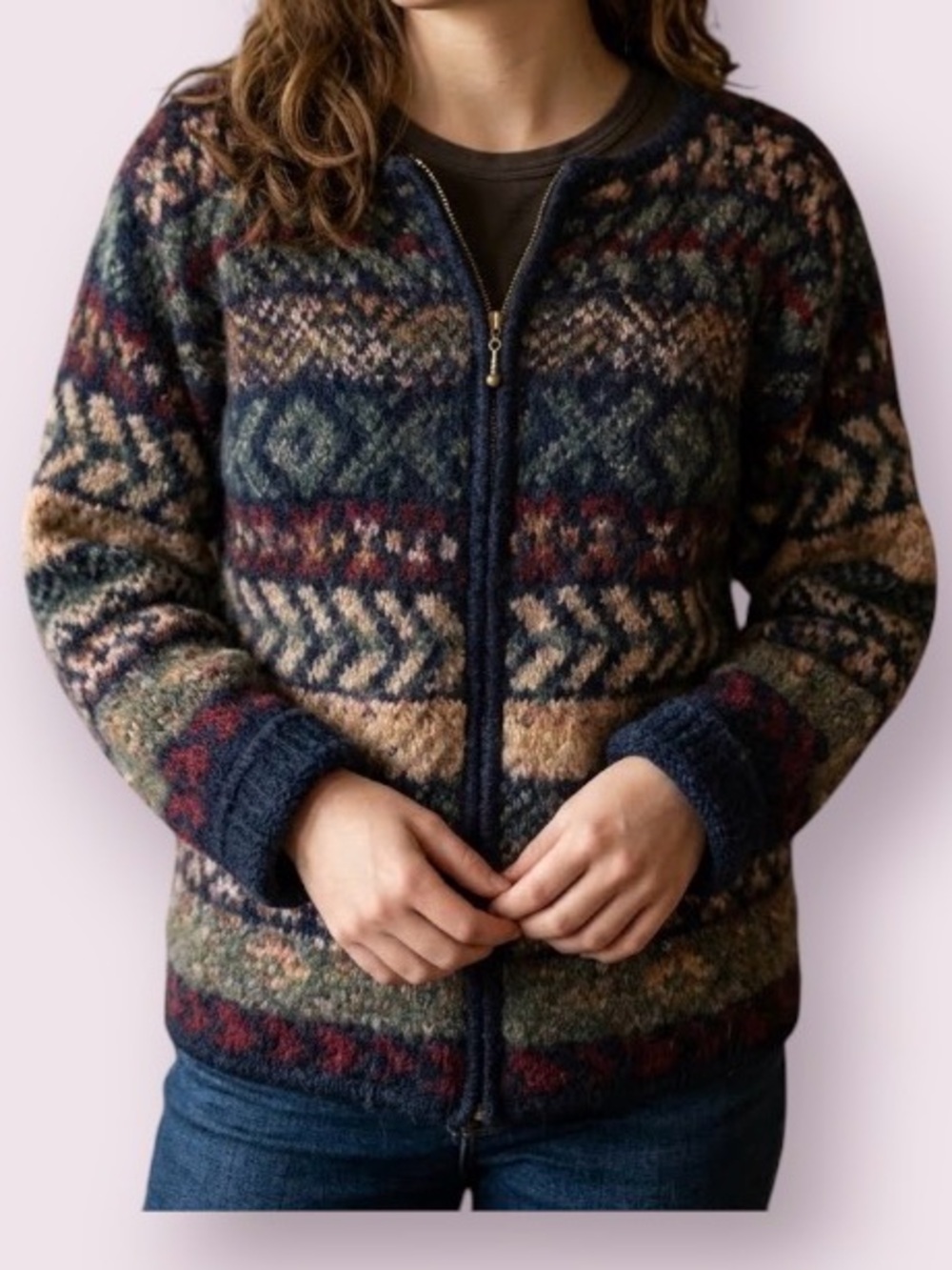 Vintage 90s Dressbarn Fair Isle Zip Up Cardigan Sweater Mohair-Wool Blend 14/16